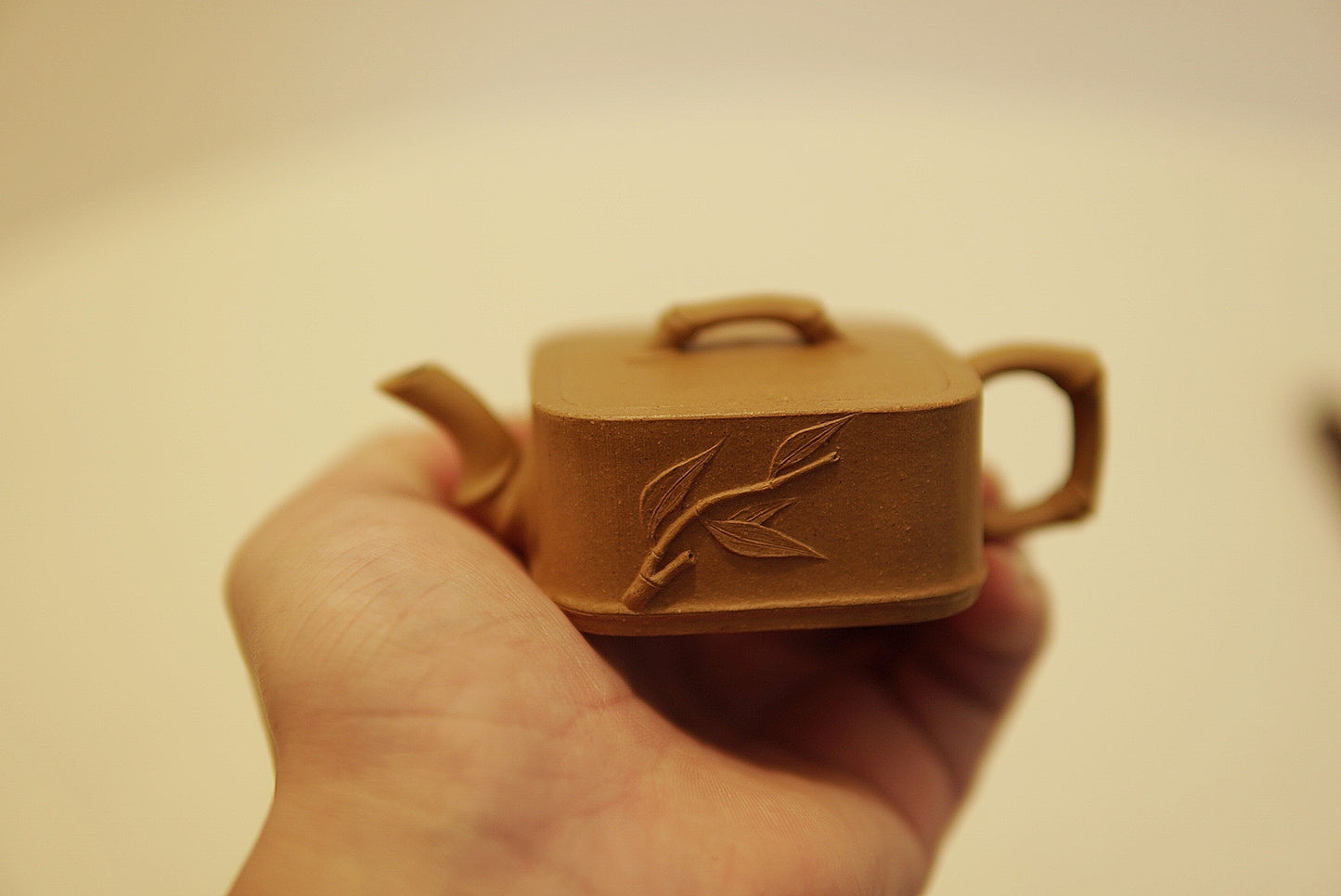 Yixing Zisha Square Bamboo Teapot | Si Fang Zhu | Traditional Chinese Kung Fu Tea Pot | Golden Duan Ni Clay | 70 ml / 2.4 oz Mini Teapot