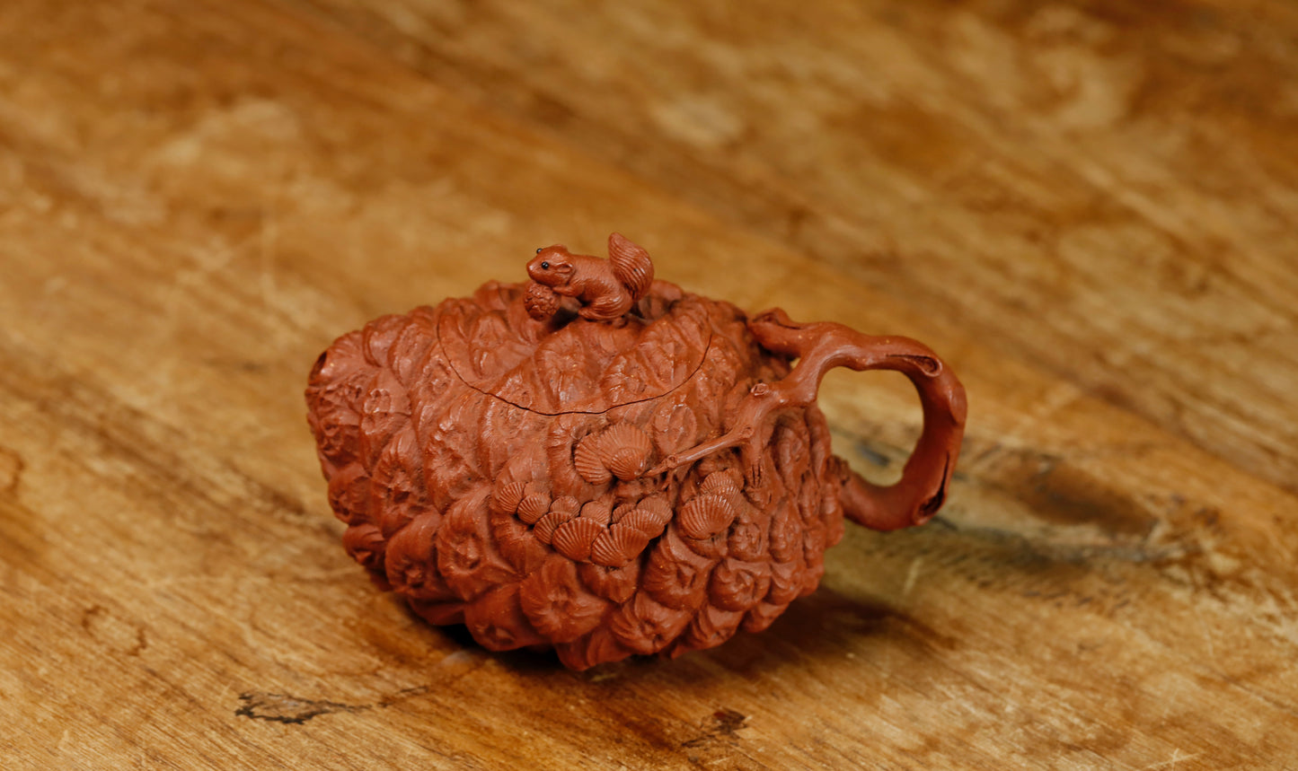 180ml Yixing Zisha Teapot with Squirrel and Pinecone Design – Hong Jiangpo Ni Purple Clay Handmade Chinese Gongfu Teapot