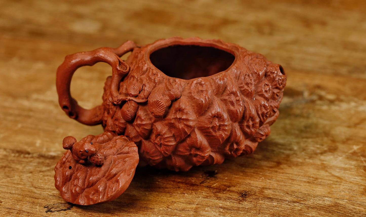 180ml Yixing Zisha Teapot with Squirrel and Pinecone Design – Hong Jiangpo Ni Purple Clay Handmade Chinese Gongfu Teapot
