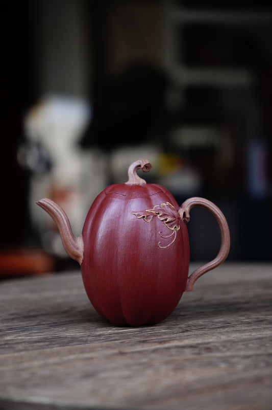 Handmade Yixing Tellow jianpo clay and da hong pao Clay Pumpkin Teapot, 180ml | Artistic Purple Clay Teapot, Gong Fu Cha, Unique Tea Ceremony