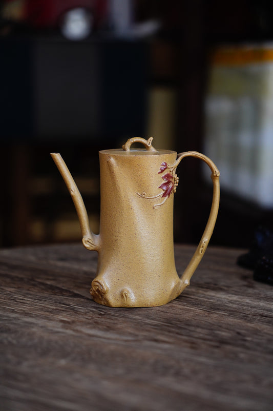 Grape Vine Stump Sculpture Teapot, 170ml Handmade Yixing | Golden Duan Ni Purple Clay, Functional Art for Gongfu Cha