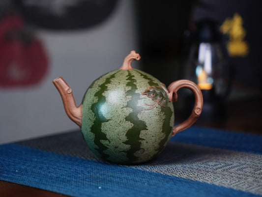 Handmade Watermelon Ceramic Teapot - Yixing Clay, Iced Tea & Matcha Set, Quirky Cottagecore Gift 270ML