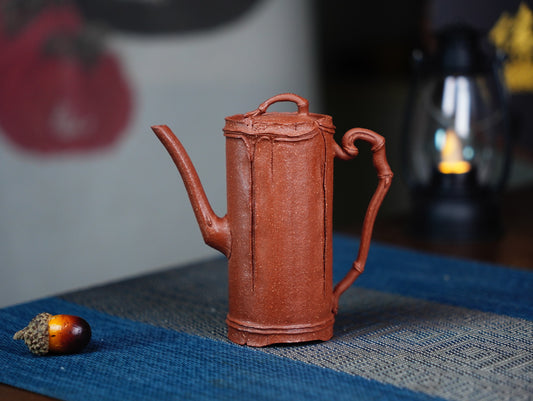 Lucky Bamboo Yixing Clay Teapot - Symbol of Resilience, Handmade Chinese Artisan Tea Ware Red Jiangpo clay 110ML