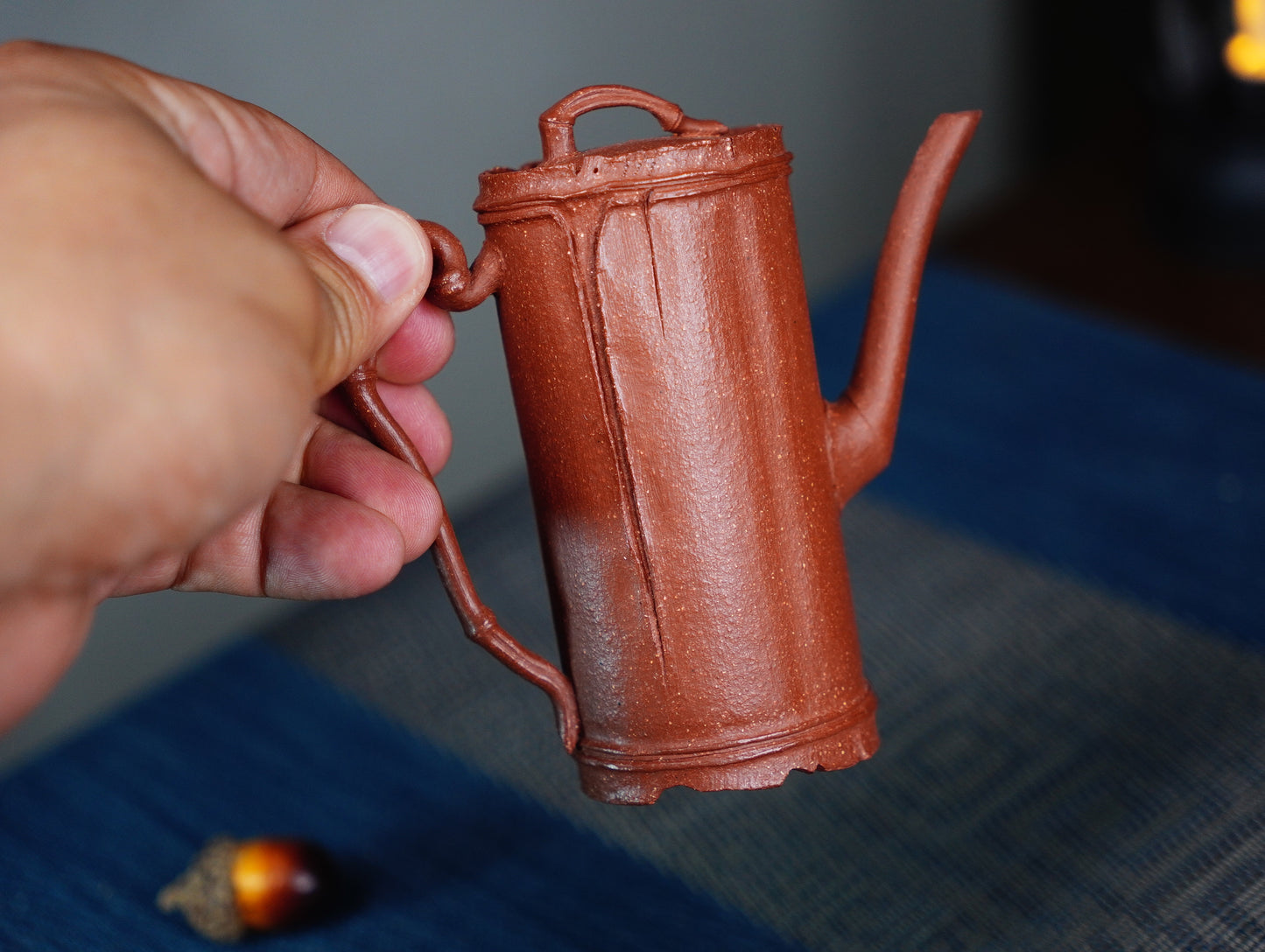 Lucky Bamboo Yixing Clay Teapot - Symbol of Resilience, Handmade Chinese Artisan Tea Ware Red Jiangpo clay 110ML